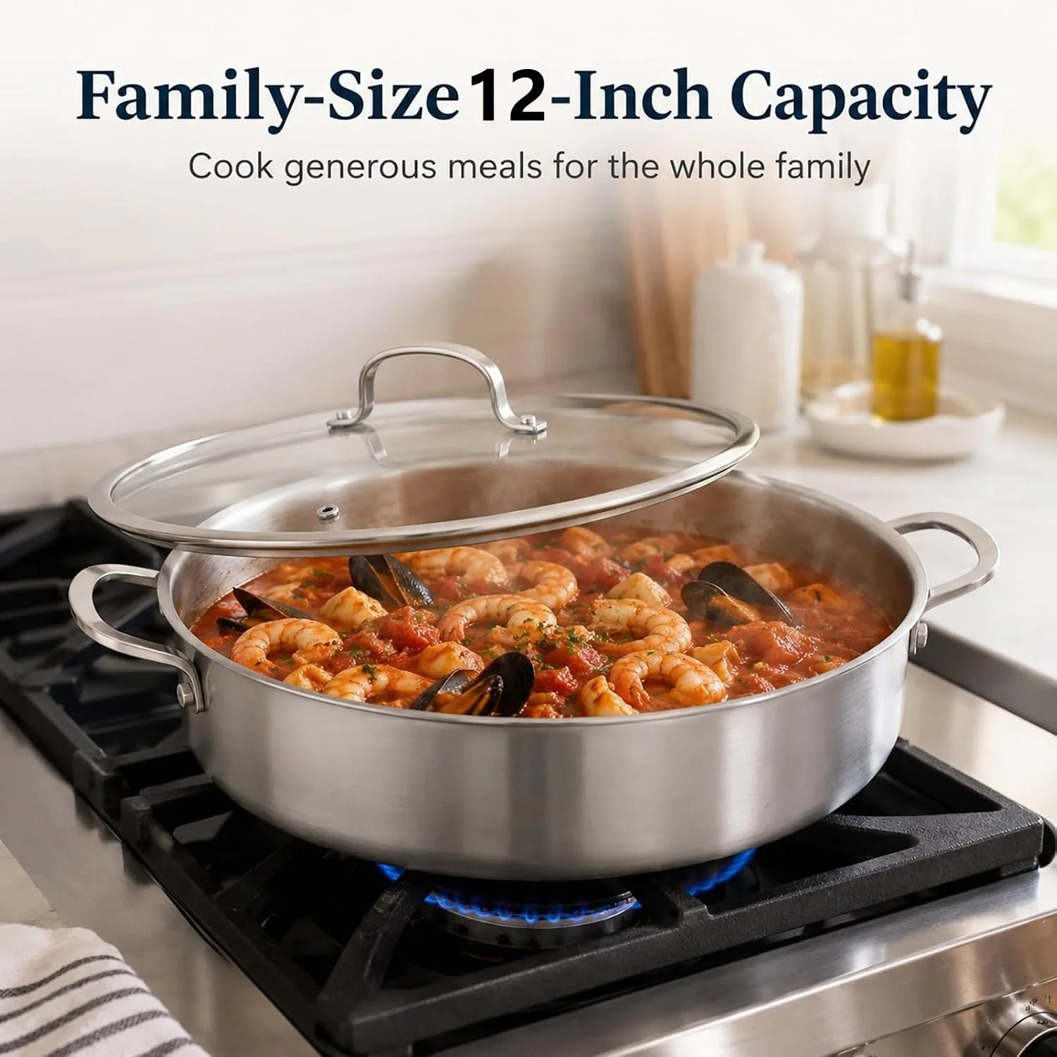 3-Layer Titanium Frying Pan with Dual Handles & Lid, Hammered Deep Skillet, Induction Compatible All-in-one Wok Hot Pot