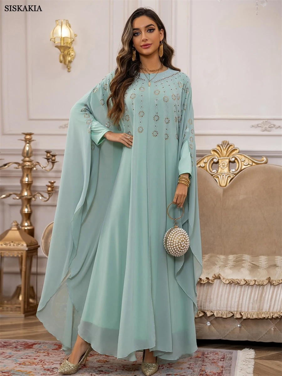 Siskakia muçulmano strass decorado abaya capa batwing manga kaftan dubai malha conjunto de duas peças vestido miçangas 2025
