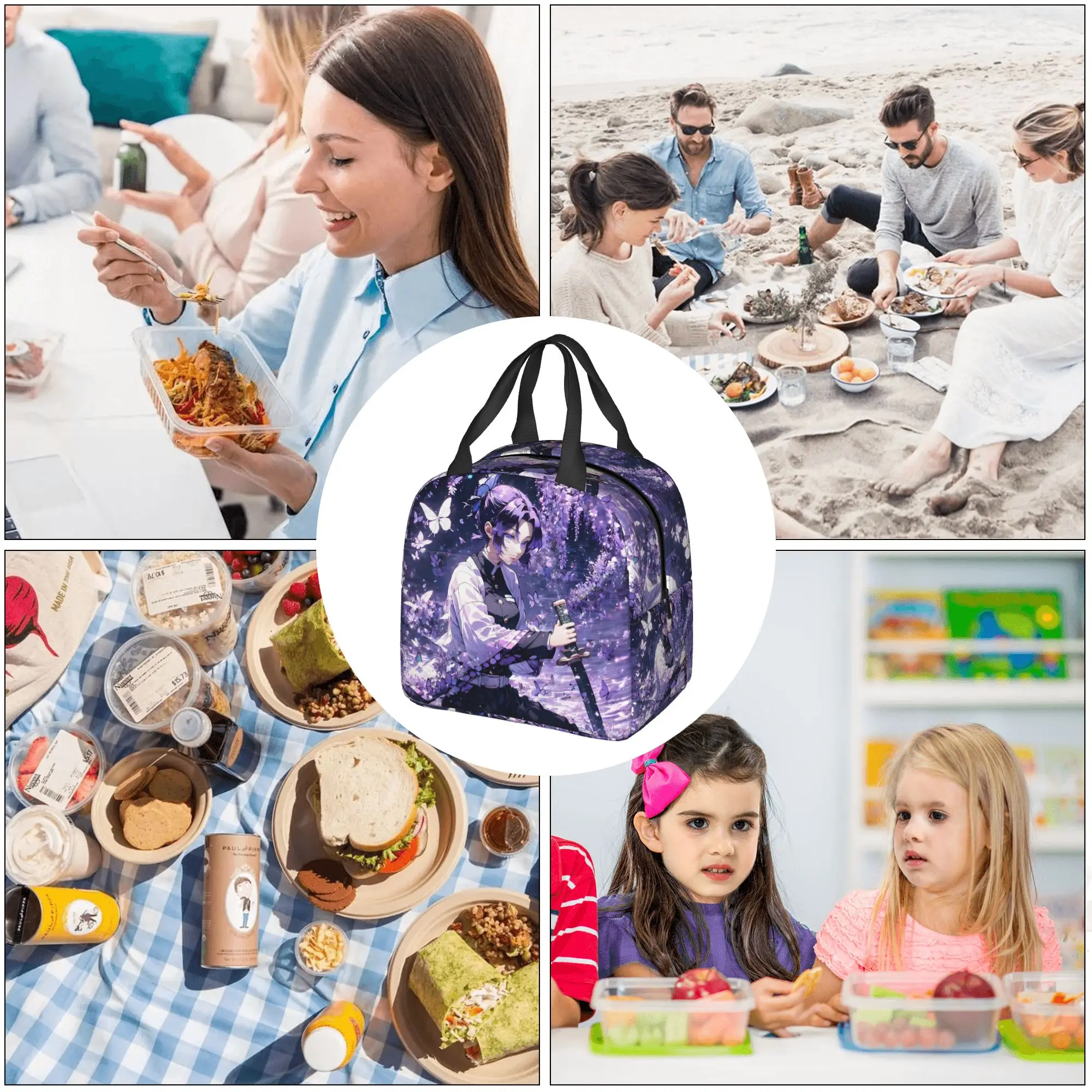 Custom Comic Demon S-Slayer Insulated Lunch Bag for Women Waterproof Kocho Shinobu Thermal Cooler Bento Box Office Picnic Travel view 6