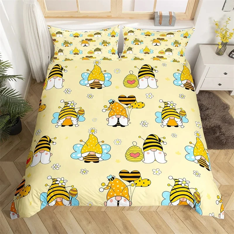 Kids Cartoon Bee Gnomes Duvet Cover King Full Size Daisy Floral Bedding Set Cute Honey Bee Comforter Cover For Boys Girls Room