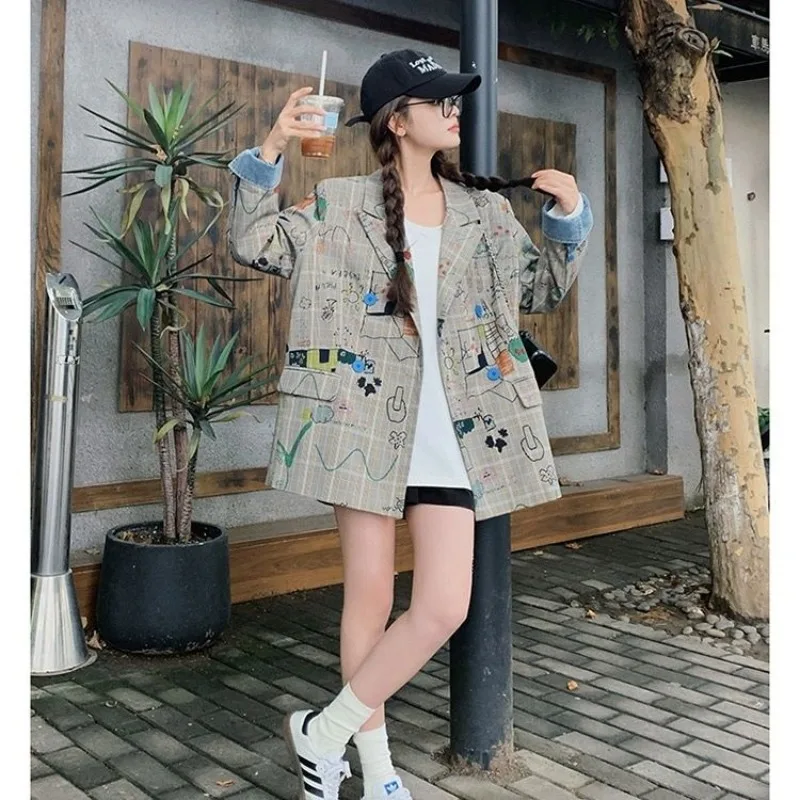 معطف مطبوع عليه بدلة جرافيتي مربعة الشكل، بدلة جديدة فضفاضة على الطراز الكوري متوسطة الطول، عصرية وفردية #1