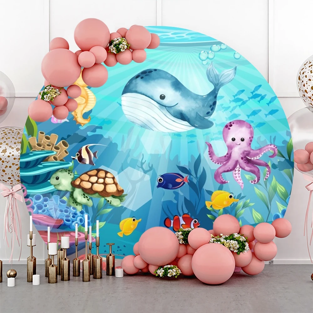 Underwater World Round Backdrop Cover Sea Animals Fishes Coral Seagrass Kids Birthday Party Custom Circle Photography Background