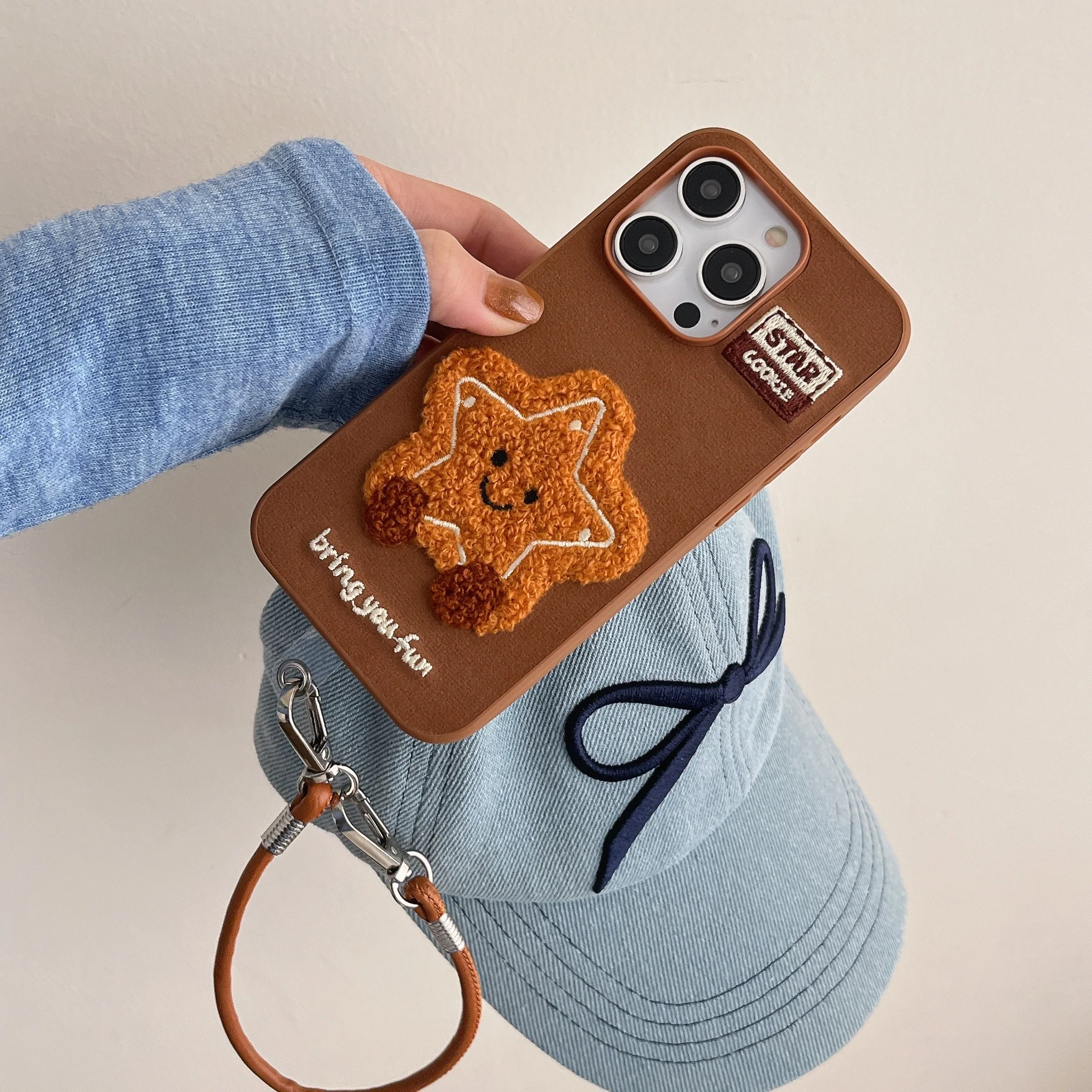 

Cute Cartoon Embroidery Embroidered Small Stars Leather Phone Case For iPhone 13 14 15 16 17 Pro Max With Lanyard Soft Silicone