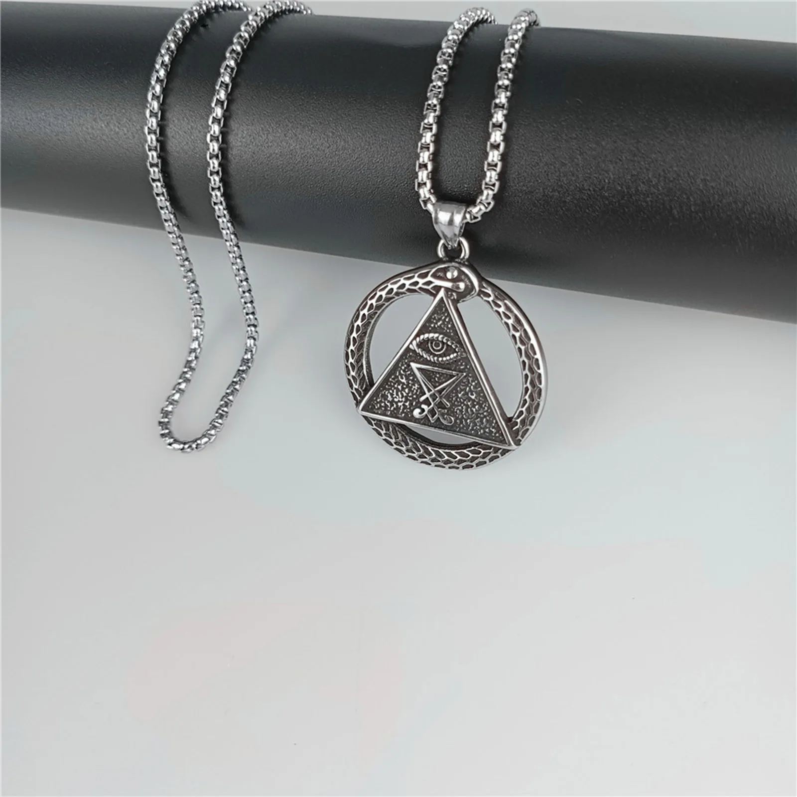 Vnox God\'s Eye Lucifer Triangle Necklaces for Men, Gothic Vintage Male Boy Snake Circle Pendant with Box Chain, Satanism Symbol