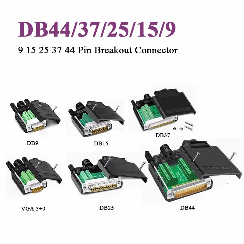 

RS232 DB44 DB37 DB25 DB15 DB9 Connector Solderless 9 15 25 26 37 44 Pin Breakout Terminal Male Female D-SUB Cable Connector Pug