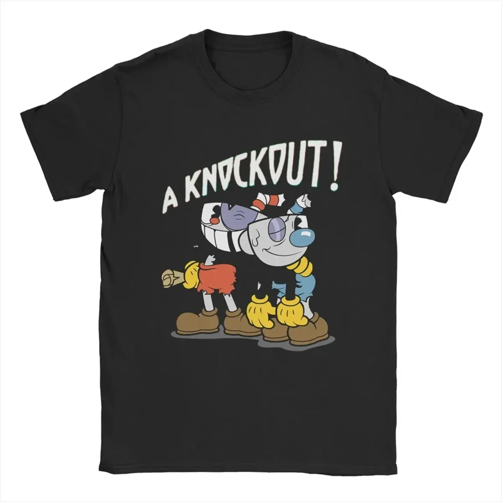 Casual Cotton Tees Crew-neck Short Sleeve T Shirts for Men Oversized Streetwear Clothing Knockout Cuphead Anime Men's T-Shirts