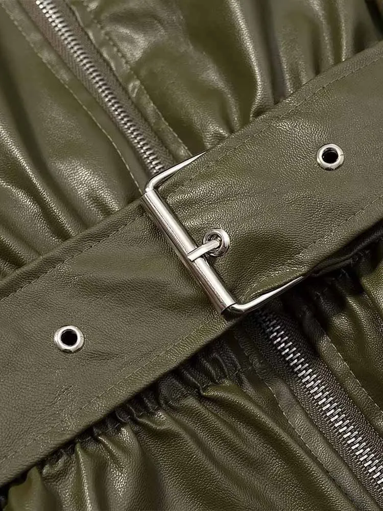 유럽 및 미국 스타일 여성 겨울 신상 패션 다용도 그린 가죽 재킷 (신축성 있는 허리밴드 포함)