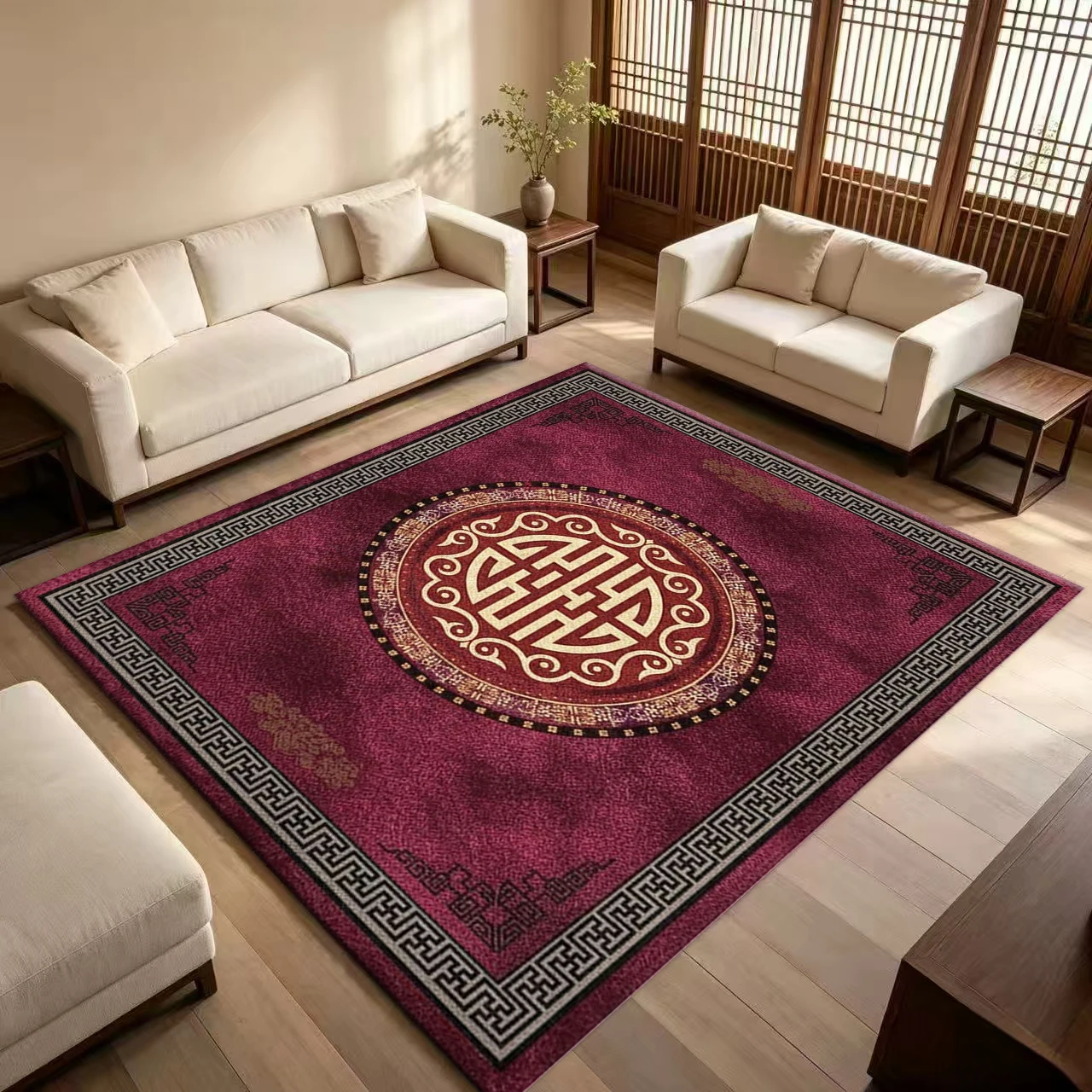 Chinese Style Medal Pattern Carpet, Soft Non-Slip Floor Mat, Traditional Decorative Carpet Suitable for Living Room and Bedroom