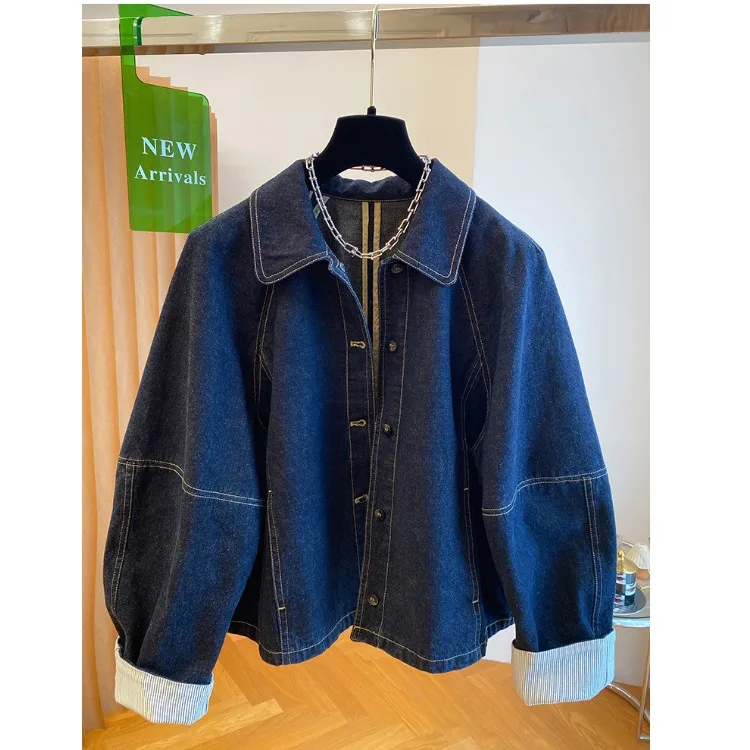 Loose Fit Deep Blue Denim Jacket Women\'s Retro Spring Autumn Casual Sleeve Cuff Patchwork Denim Jacket  Collar Button Clo...