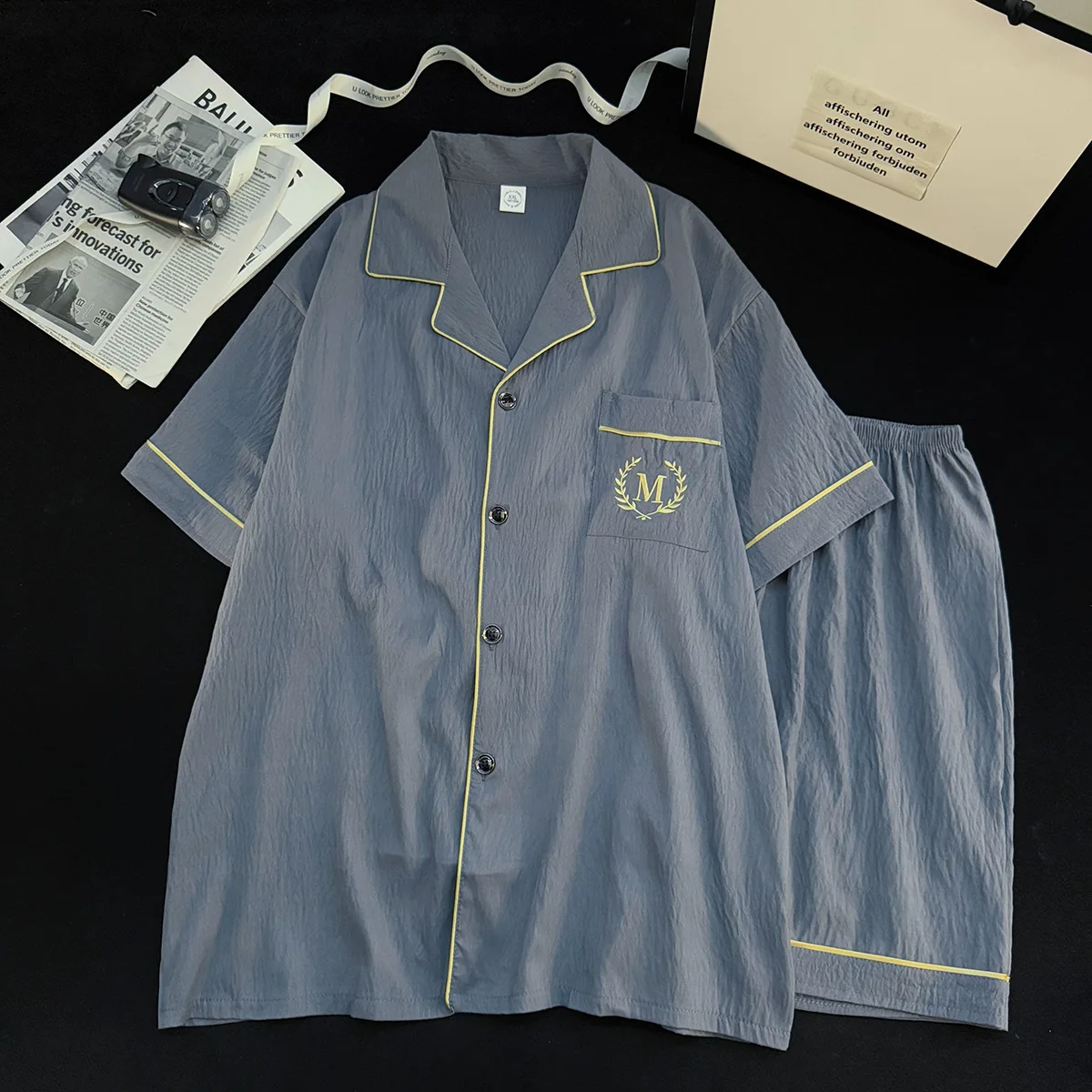 

2 Pieces Set Cardigan Pajamas Set for Men Summer Thin Nightwear Short Sleeves Sleeping Top & Pant Sleepwear Male Pjs Pyjamas