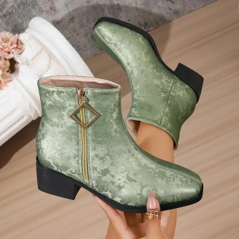 New French Vintage Booties for Summer 2026 Feminine Block Heel Side Zip Pump