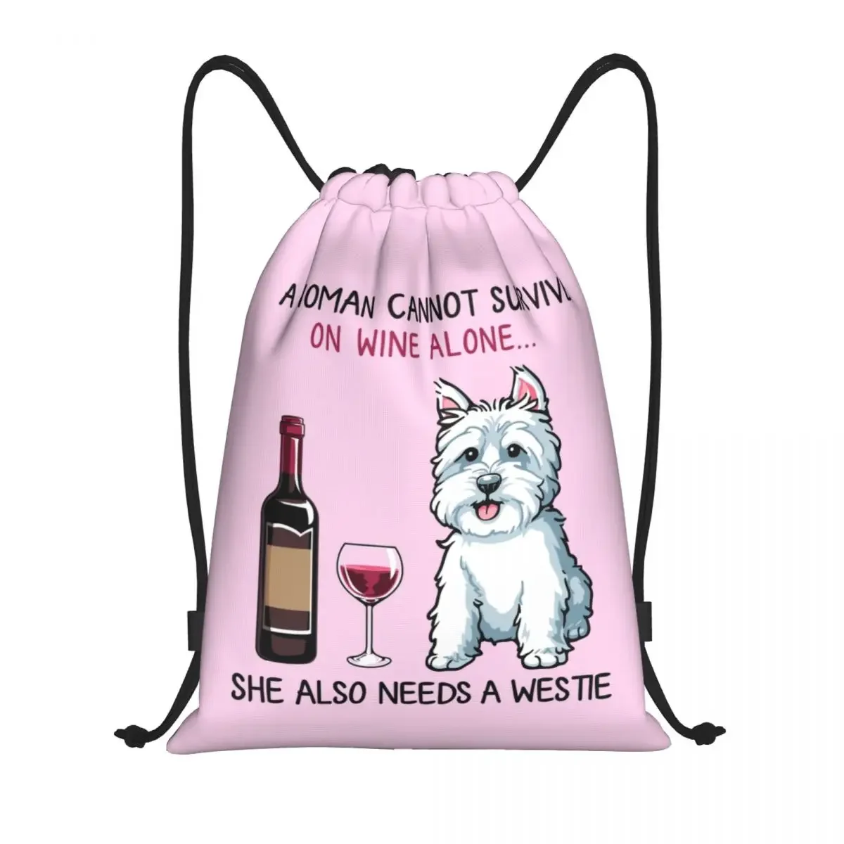 

Westie And Wine Funny Dog Cartoon Drawstring Bag Foldable Gym Sports Sackpack West Highland White Terrier Shopping Backpacks