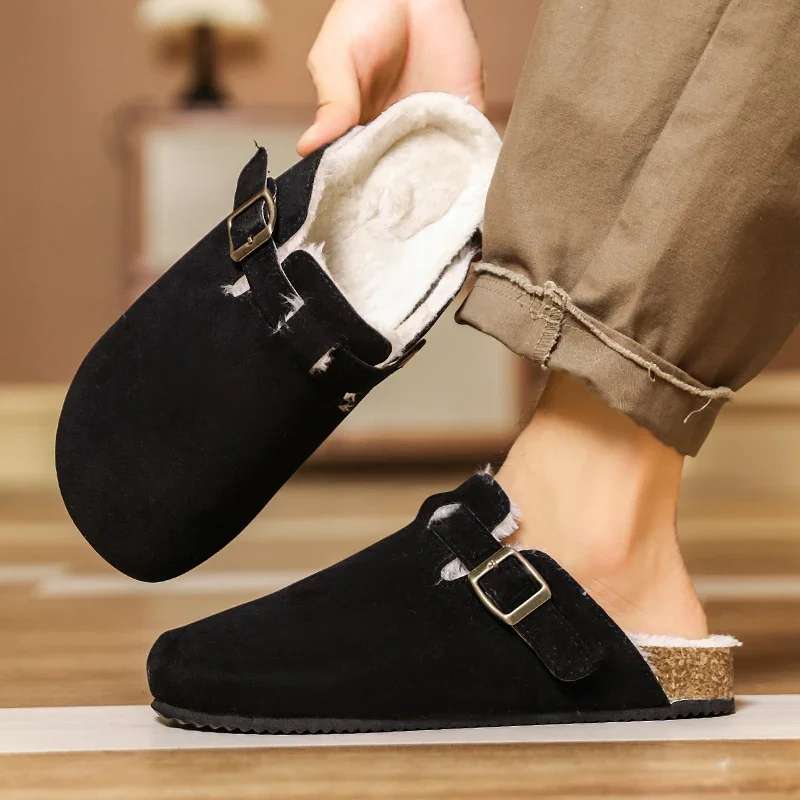 Winter Fur Clogs For Men Women Plush Classic Cork Slippers Fashion Suede Mules Slip-on Flat Sandals Adjustable Buckle Slippers