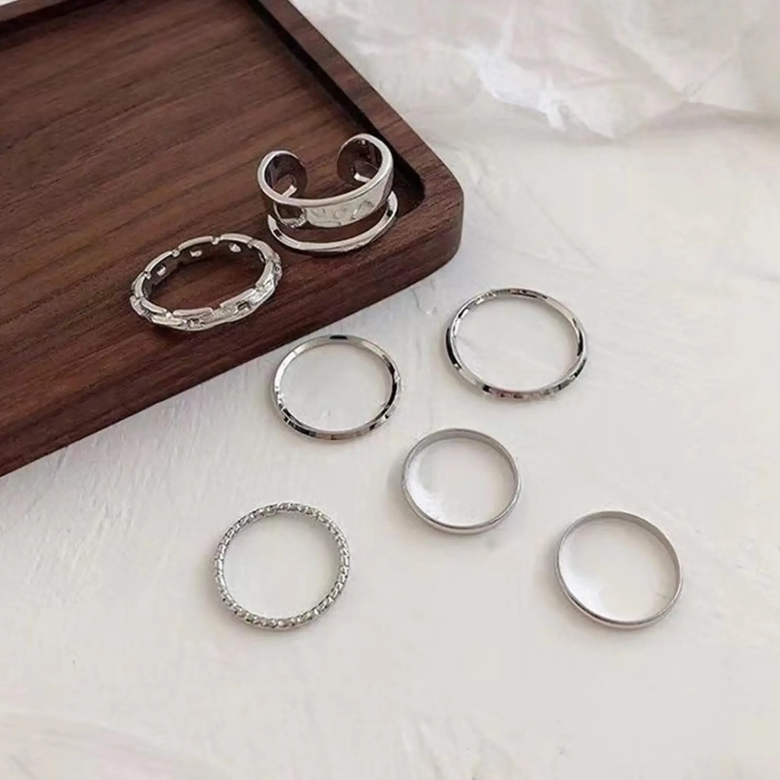 7PCS/SET Korea Fashion Mixed Minimalist Set Geometric Round Metal Gold Silver Color Cuff Open Rings Jewelry For Women