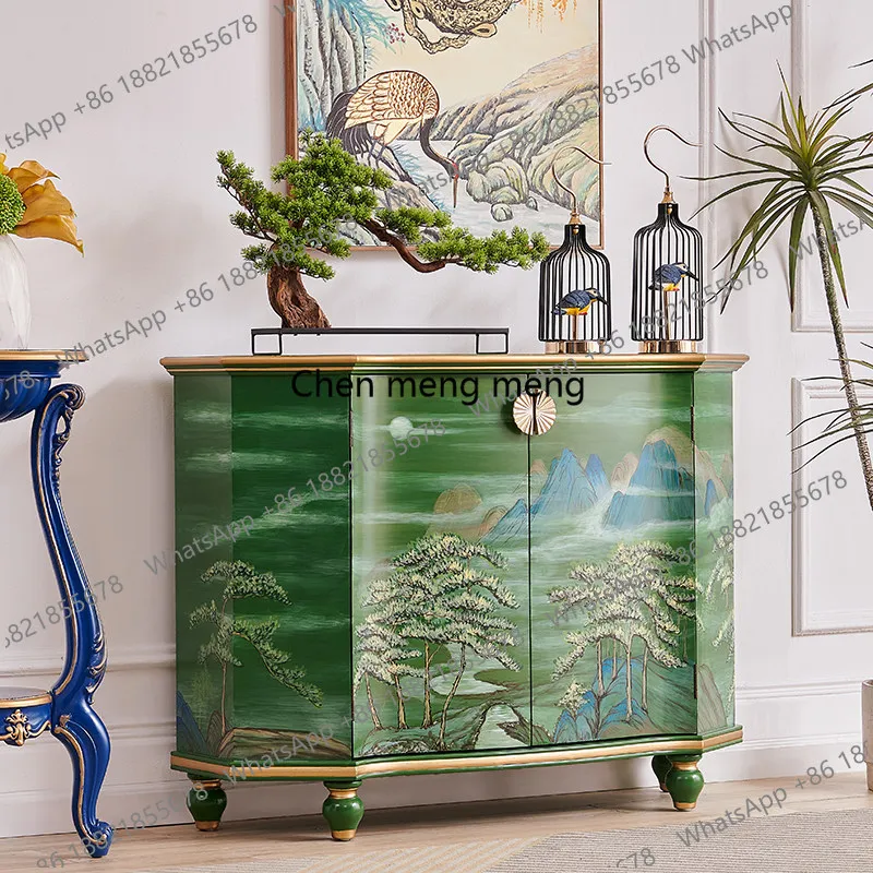 New French retro entrance green painted thousand miles Jiangshan porch decorative foyer cabinet New Chinese style