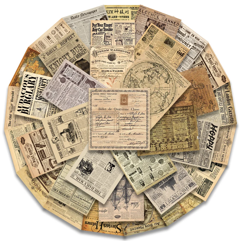 35PCS Yellowed Old Newspaper Vintage Parchment Retro Stickers Decals DIY Car Suitcase Scrapbook Phone Laptop Bike Sticker