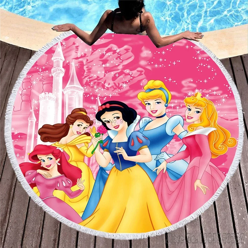  Beautiful Snow White Princess Belle Round 150cm Beach Towel Children Kids Sport Swimming Hawaii Bath Towel with Tassel