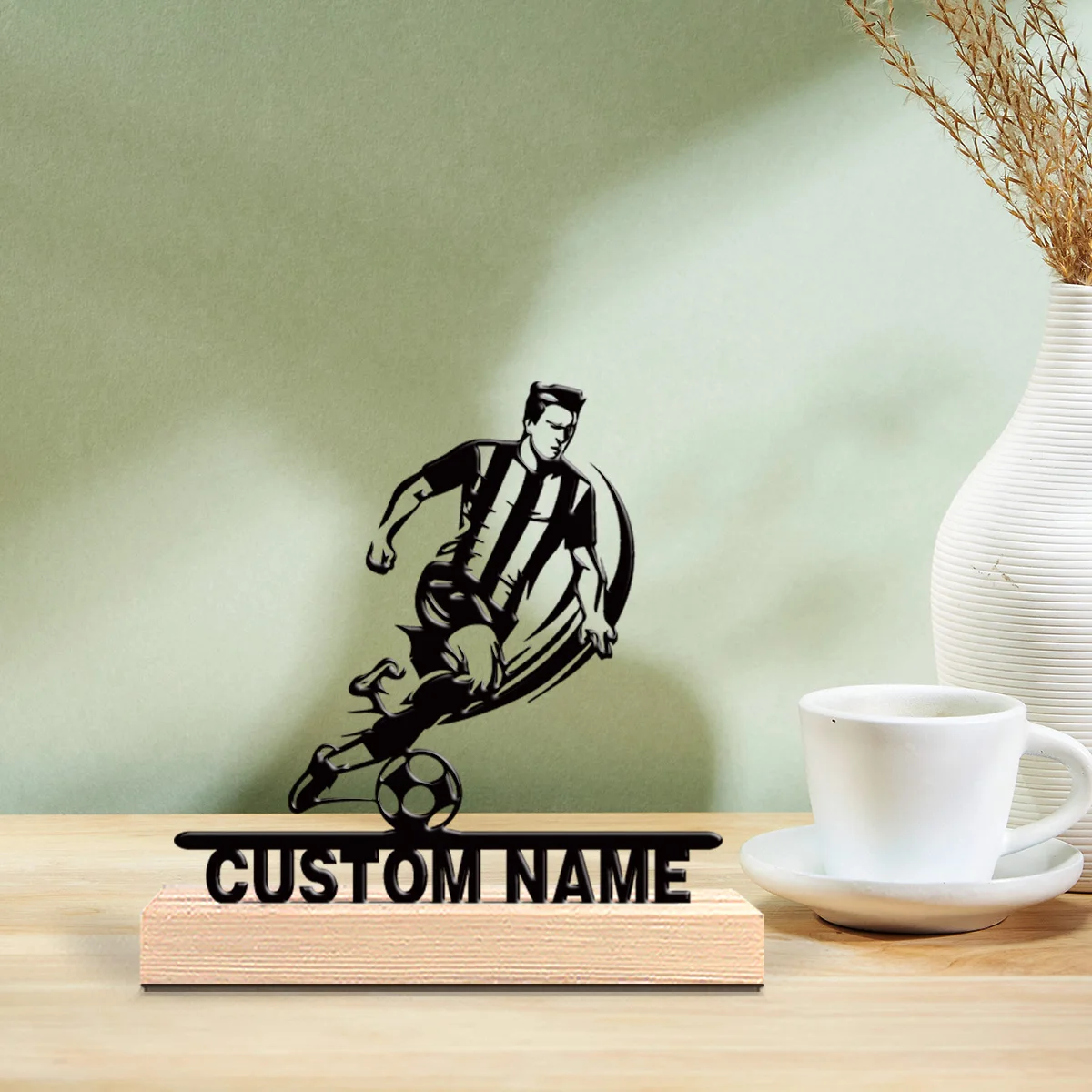 1pc Personalized Custom Football player Metal Statues With Wooden Base Tabletop Decoration Wooden Base Wall Decor for Kitchen, D