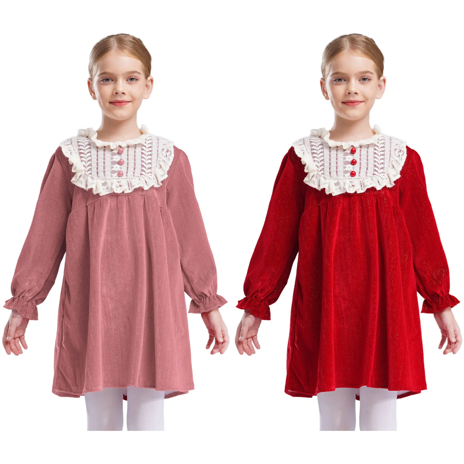 Kids Cute Girls Spring Autumn Winter Velvet Long Sleeve Ruffle Dress Princess Vintage Party Dressess Children Dress Clothing