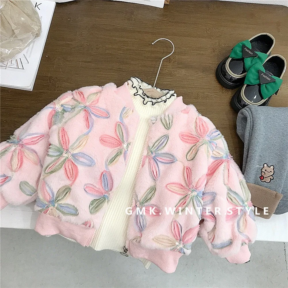 2024 Autumn Winter Infant Baby Girl Outerwear Loose Fleece Thicken Zipper Kid Girl Jacket Contrast Flower Warm Toddler Girl Coat