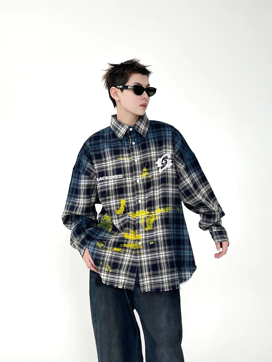 2025 Spring and Autumn New American Style Men's Retro Paint Splatter Print Black and White Plaid Long Sleeve Shirt
