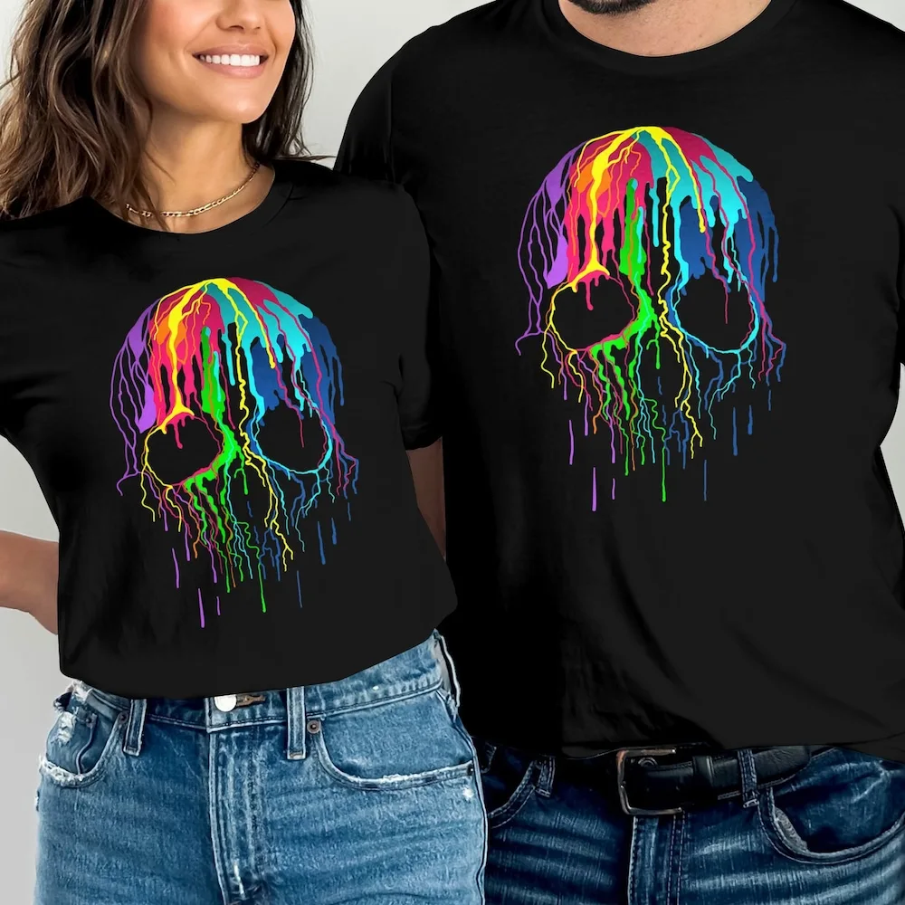 Colorful Paint Dripping Skull Drip Skeleton Head T Shirt Bohemian Halloween Wide Neck Flowy