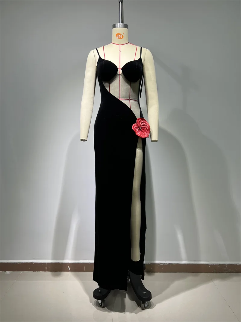 Robe de soirée en maille transparente, motif Floral rouge, bretelles Patchwork, mode européenne et américaine, nouvelle collection été 2025