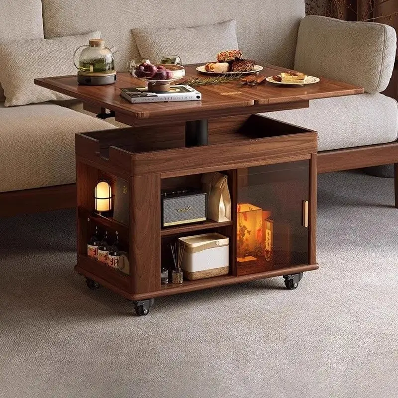 Walnut lifting coffee table, antique style wheeled living room, movable sofa, side of the sofa with