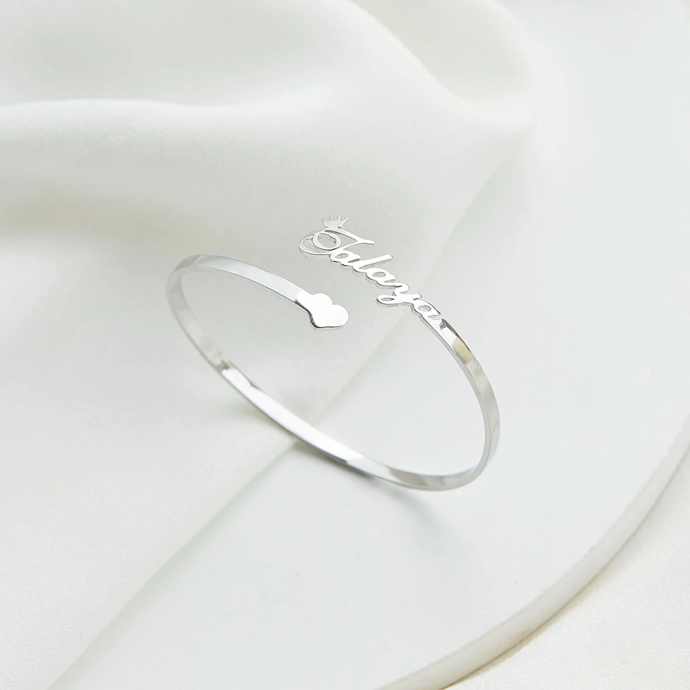 Custom Love Name Bangle Open Adjustable Stainless Steel Charm Bracelet for Women Personalized Jewelry Valentine\'s Day Gifts