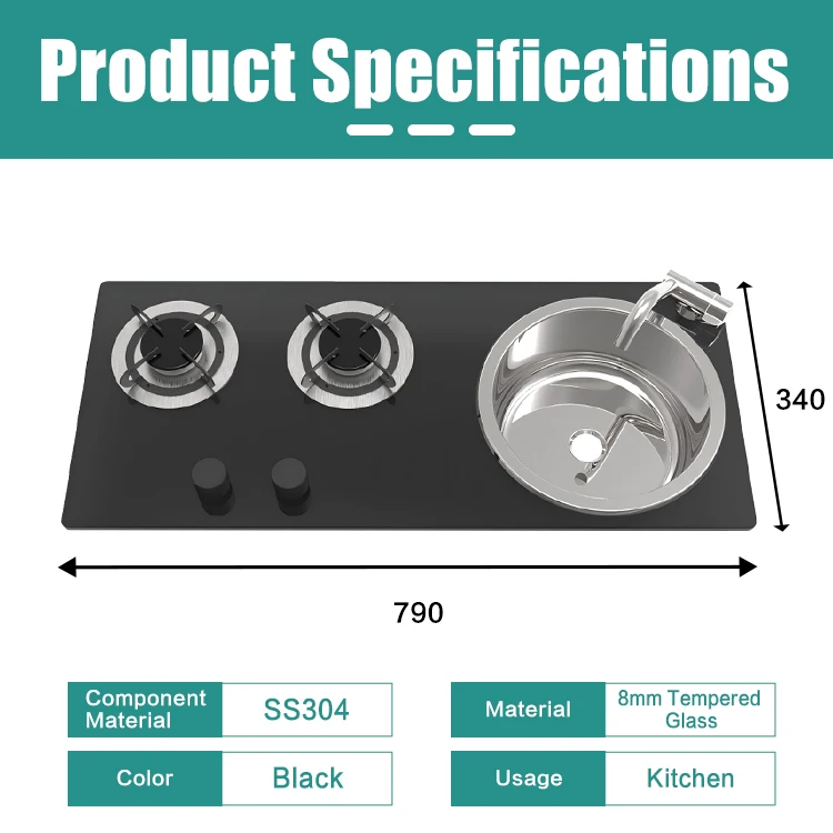 JDA 2-Burner RV Gas Stove & Sink Combo With Tempered Glass Built-in Camper Cooktop All-in-One RV Kitchen With Free Accessories