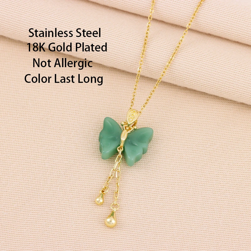 Vintage Elegant Green Butterfly Pendant Necklaces For Women Trendy Female Tassels Neck Chain Jewelry Ladies Party Accessories