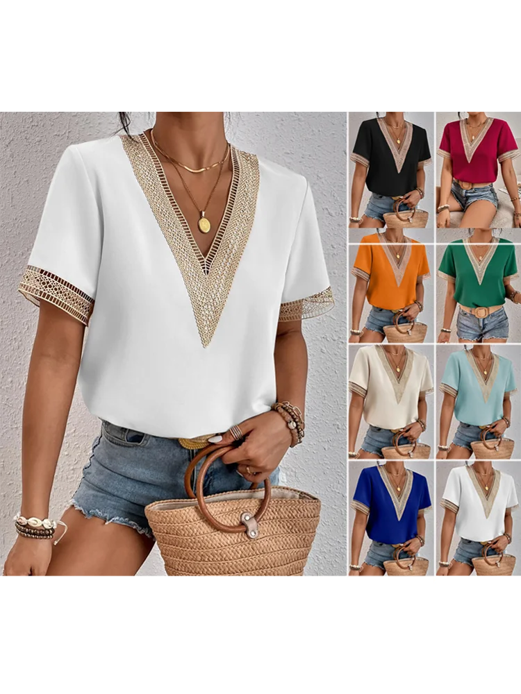 Women V-neck Lace Parchwork Blouse Clothes Short-Sleeved T-Shirt Loose Smooth Ice Soft Silk Casual Streetwear Top