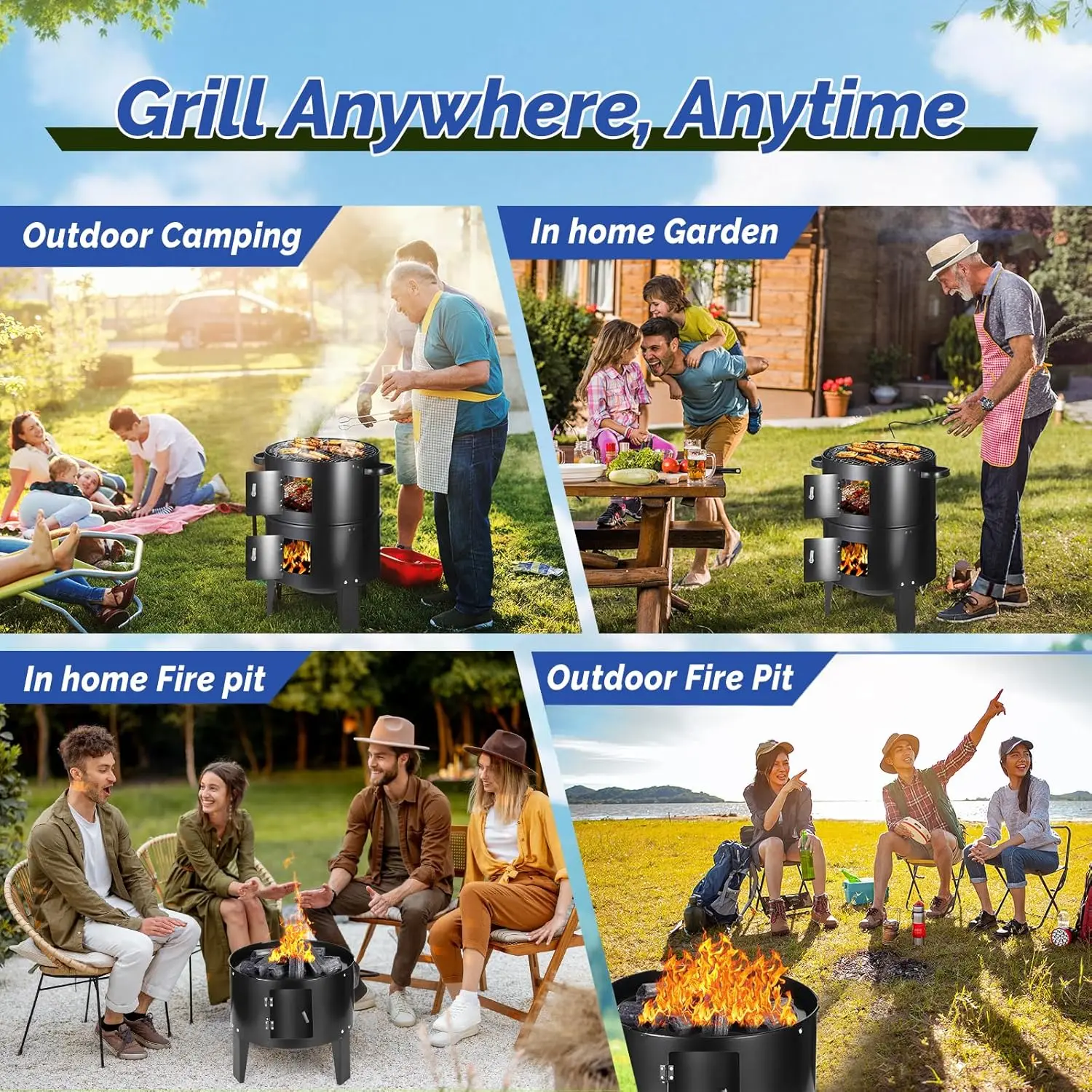 شواية فحم مقاس 16.5 بوصة مع ميزان حرارة، مدخن عمودي محمول 3 في 1، أسود #6