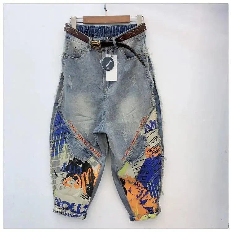 Jean en Denim imprimé pour femmes, coupe ample, taille haute, neuf Points, pantalon Harlan, décontracté, amincissant, tendance, été 2023