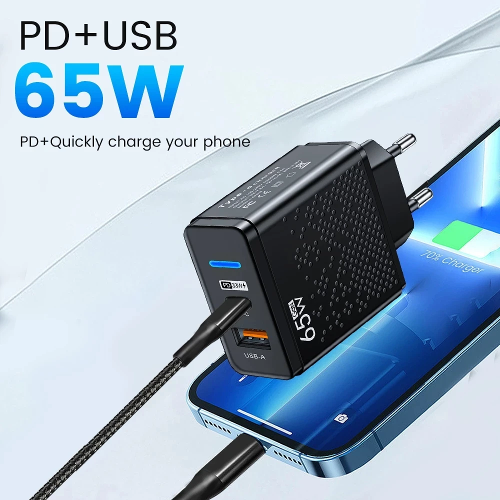 Nowa ładowarka USB 65 W Szybkie ładowanie Adapter mobilny PD 3.0 Odpowiedni do iPhone'a Xiaomi 12 Huawei Samsung iPad Tablet Ładowarka typu C