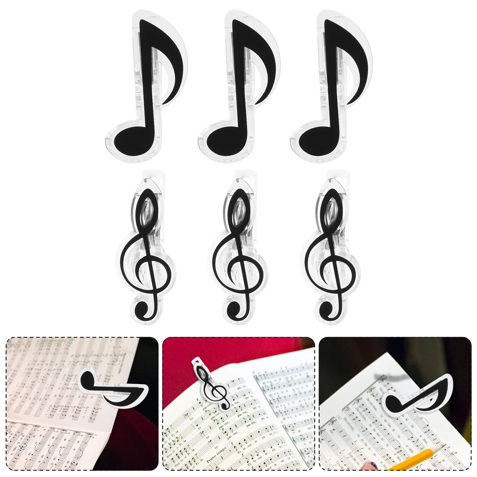 6pcs Score Clips Music Note Clips Music Book Clips Creative Sheet Clips (Black) Music Note Clamp Music Holder Clip