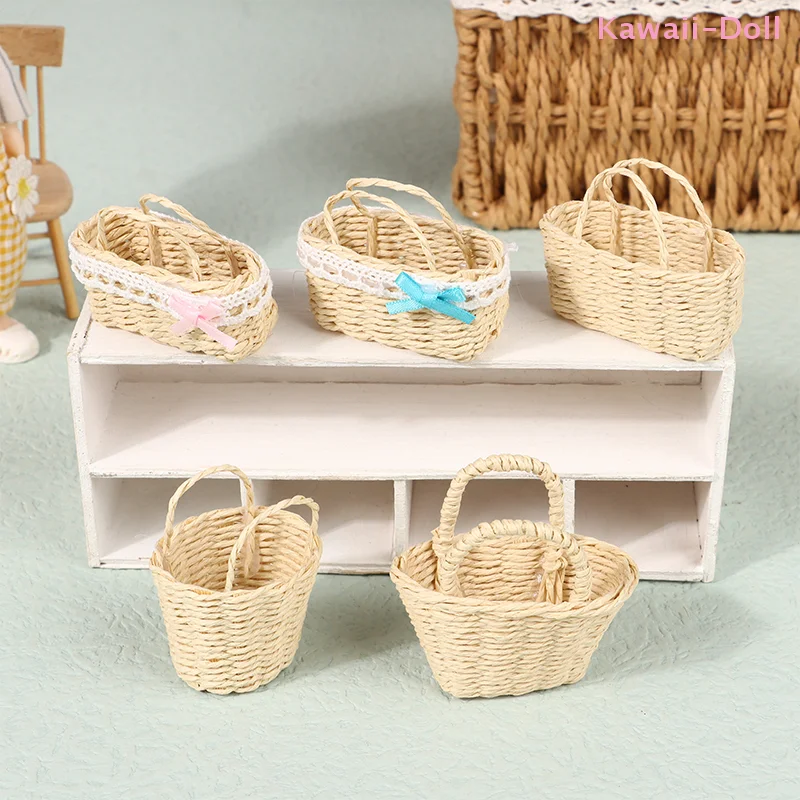 1 Stück Mini Handgefertigter Puppenhaus-Korb mit Rattanrahmen, Niedlicher Korb für Puppen-Miniatur-Dekoration