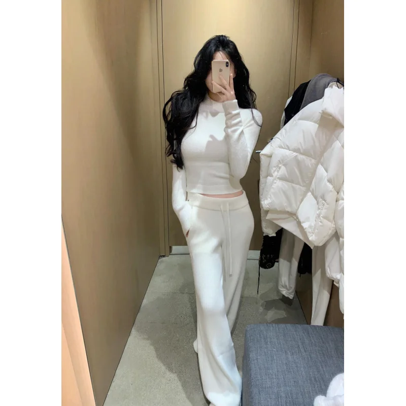 Women Knit Wide Leg Pants Casual Straight Trousers Soft Comfortable High Waist Loose Fit Daily Wear Fashion Bottoms
