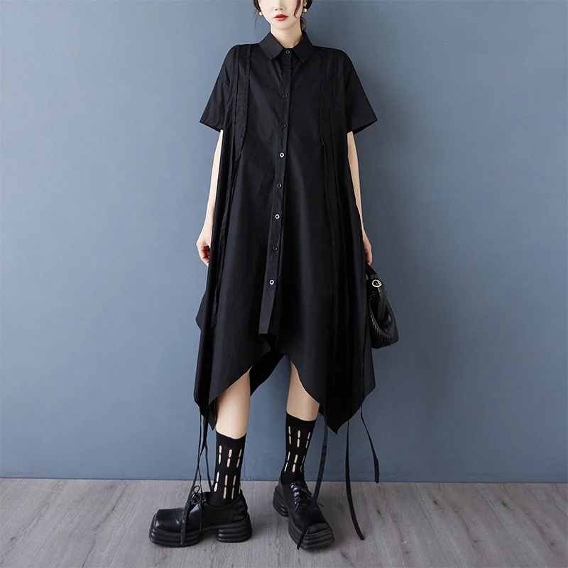 Small niche dark style summer drawstring design casual chic irregular shirt skirt fashionable casual dress