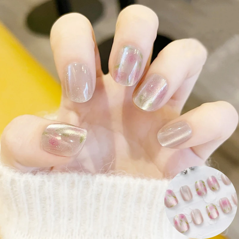 

10Pcs Shiny Rose Short Press on Nails Set Cat Eyes Nail Tips Square Full Cover Acrylic Fake Nails for Women&Girls Daily Nail Art