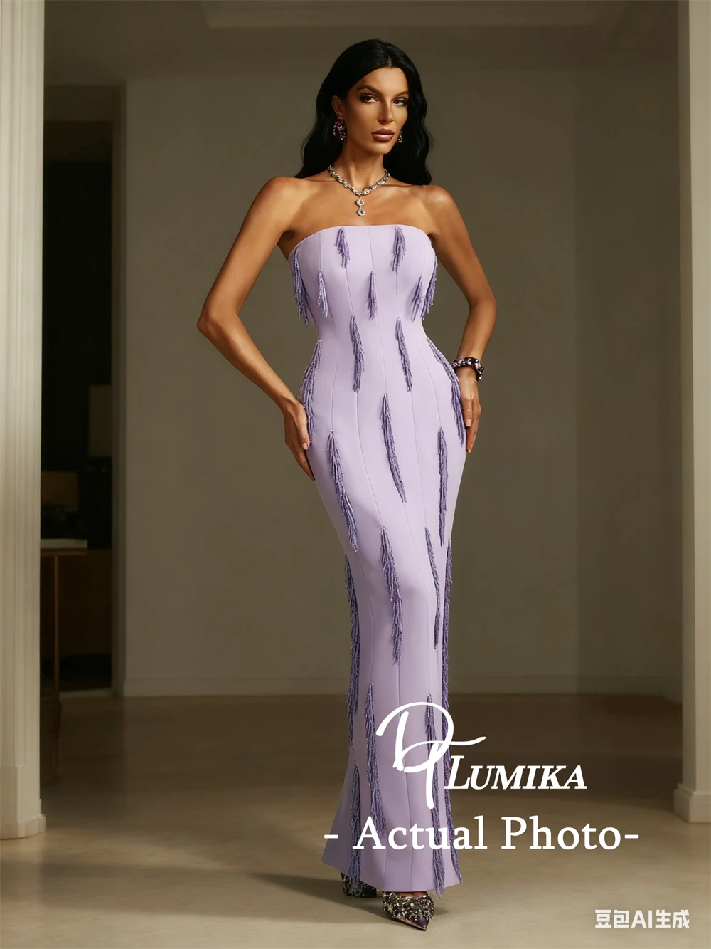 DTLumika – Lilafarbenes Maxikleid mit Perlenquasten für Damen, Etuikleid, langes Partykleid, trägerlos, Abschlussball, Abend, Abendessen