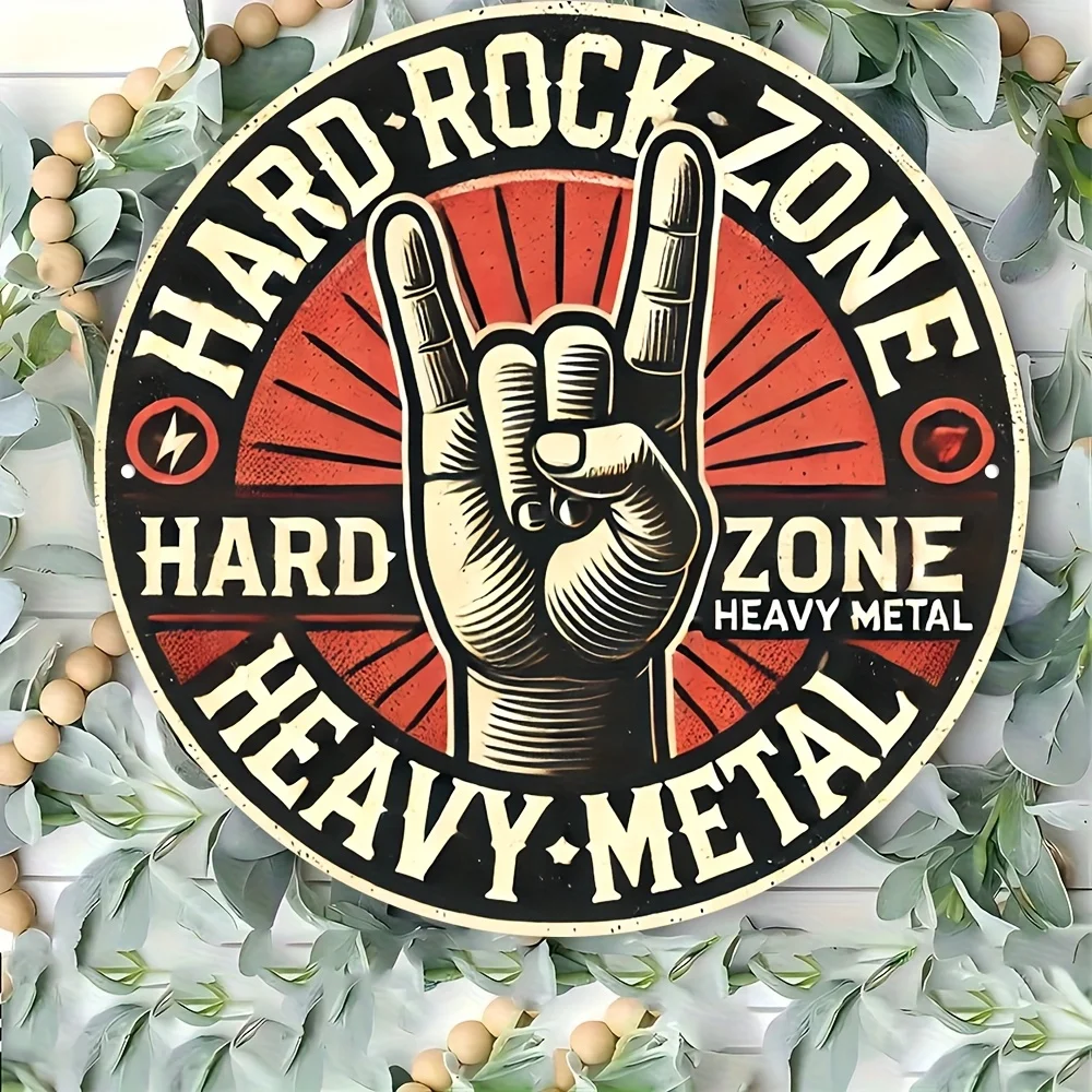 2D Flat - A 20.32 Cm Round Wall Decoration Featuring a Vintage Rock And Heavy Metal Theme, with The Words 'Hard Rock Zone' And '