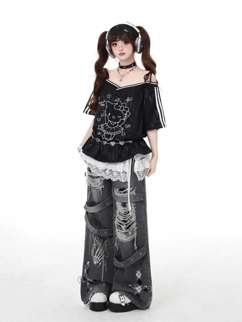 Original Design Fashion Punk Ripped Retro Old Washed Jeans Spring And Summer Wide Leg Denim Pants Women's Pantalones De Mujer