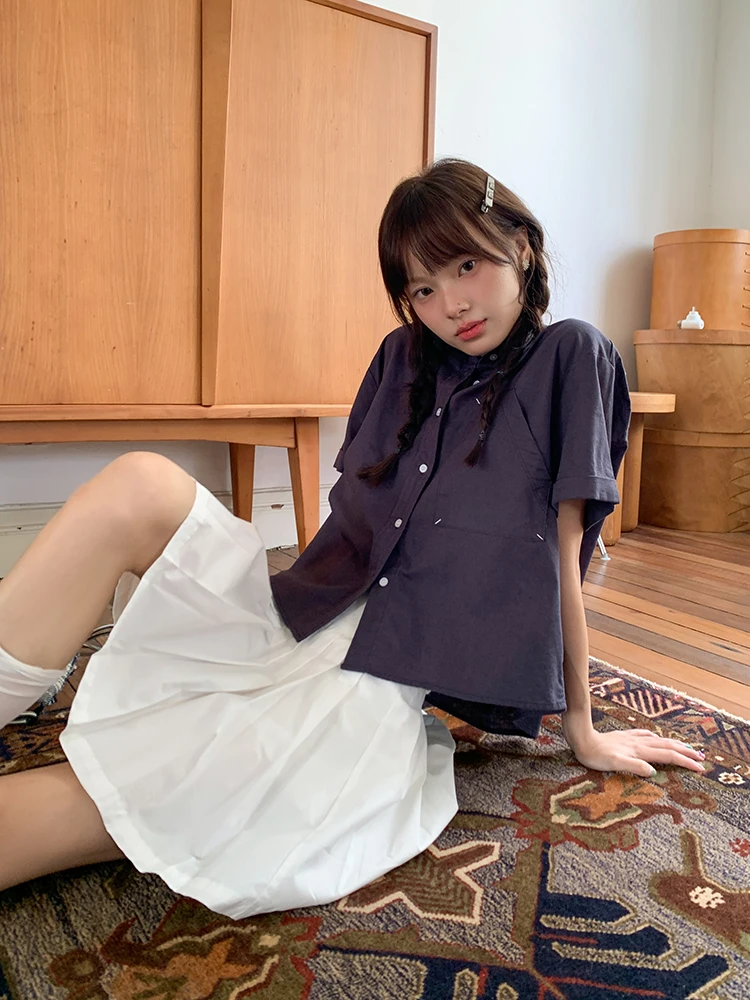 

Свободный женский ort Sve irt, корейский дизайн, студенческий Sle, лето 2026, новый бренд Faion Mixd, повседневный топ на пуговицах