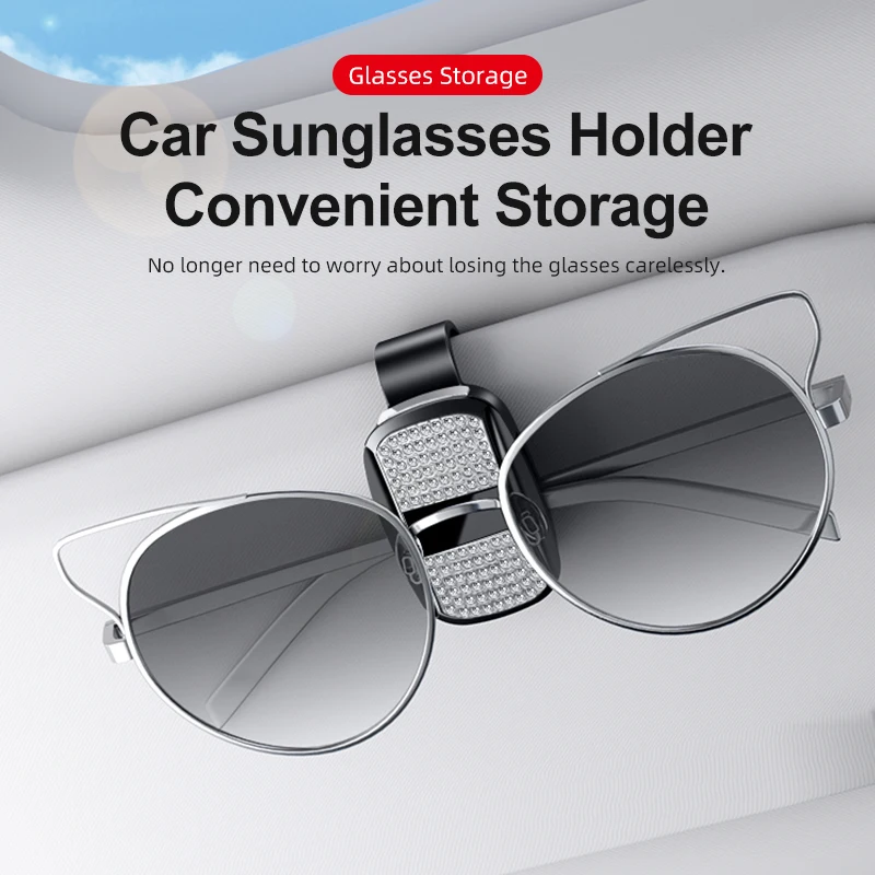 Bling Rhinestone ABS Car Sunglasses Holder Sun Visor Eyeglass Clip Auto Glasses Ticket Card Clip Diamond For Women Girls Stylish
