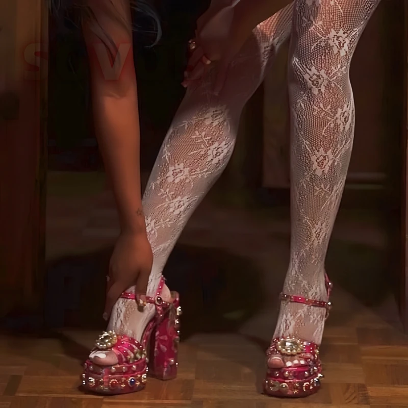 

Rhinestones Bow Platform Chunky Heels Sandals Round Toe Ankle Strap Embroidered Pumps Party Prom Dress Pumps Shoes For Women