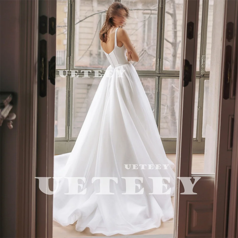 UETEEY Customized Simple Square Neck Sleeveless Tulle Wedding Dress Elegant A Line Zipper Back Floor Court Train Bridal Gown