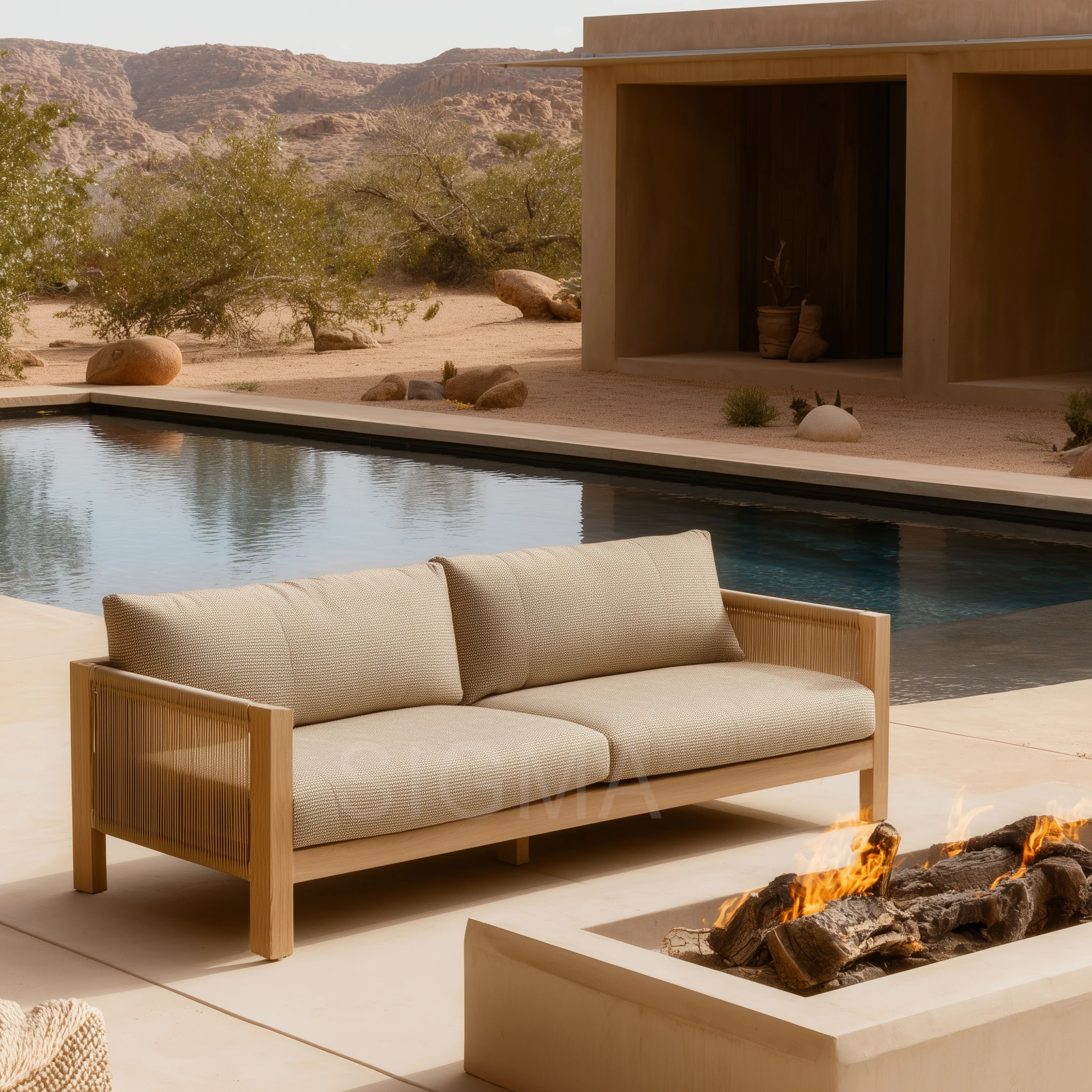 Minimalist Teak Frame Rope Sectional Space Saving Open Air Cafe Bistro Seating