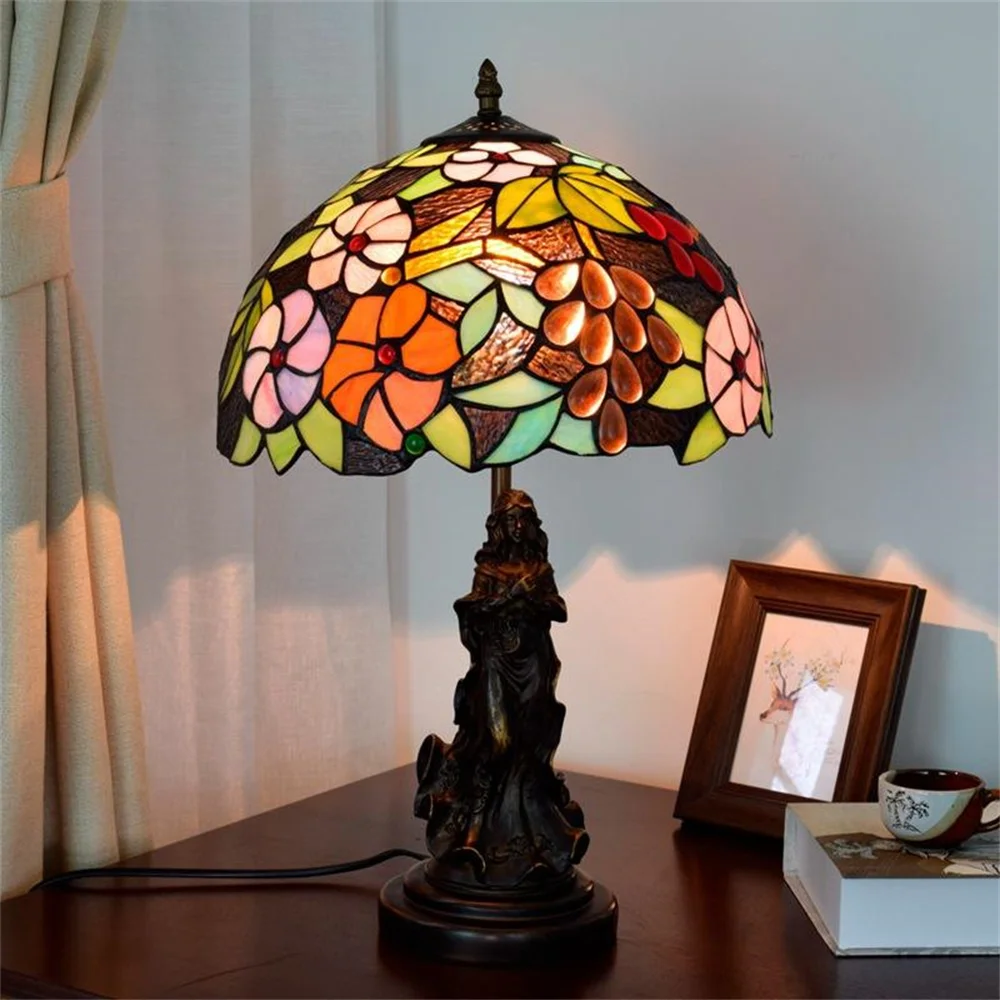 

FUMAT Tiffany Retro European Grape Decorative Stained Glass Table Lamp Goddess Resin Base Home Lighting Simple Lamp