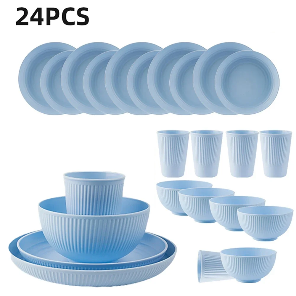 

24 шт., набор посуды из пшеничной соломы, наборы посуды, биоразлагаемые небьющиеся тарелки, миски, чашки, легкие для кухни, кемпинга